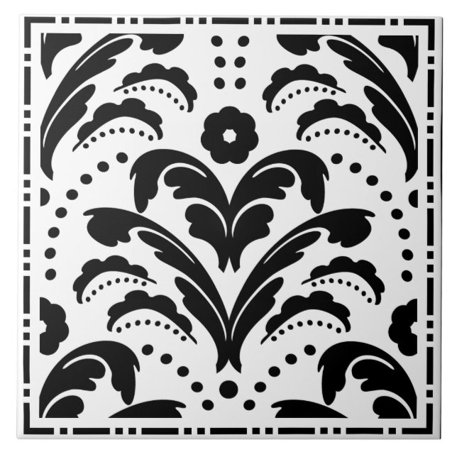 Carreau Elégant noir et blanc Floral Art Déco Damask (Devant)