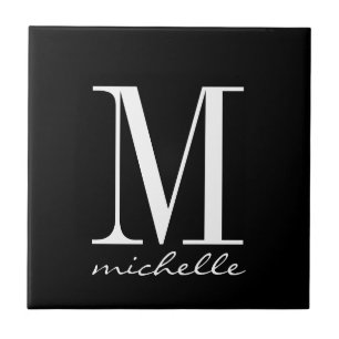Carreau Élégant Noir et Blanc Nom Monogramme Personnalisé