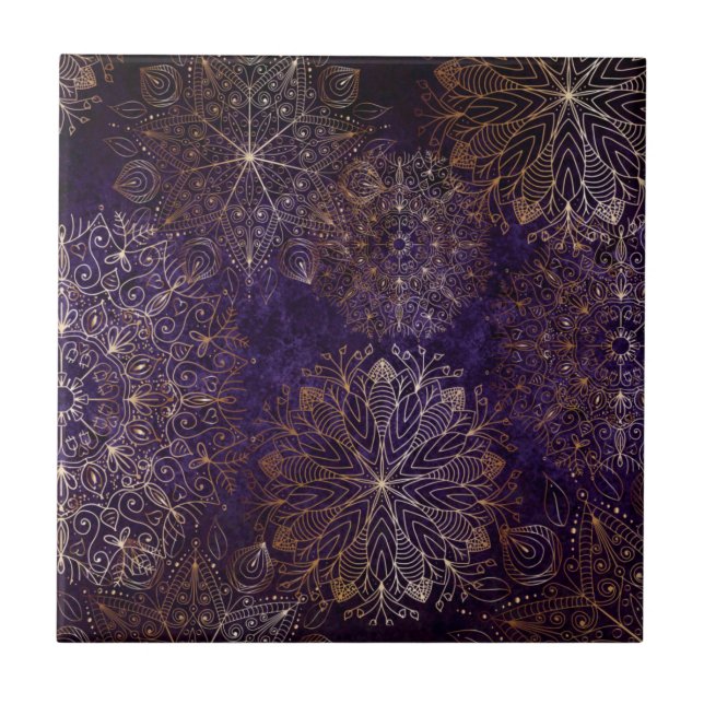 Carreau Élégant or et violet Motif de mandala Floral (Devant)