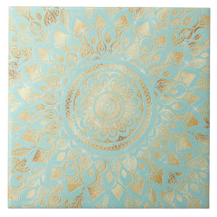 Carreau Elégant or Lumière Turquoise Mandala Floral