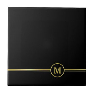 Carreau Élégant or Monogramme personnalisé sur noir