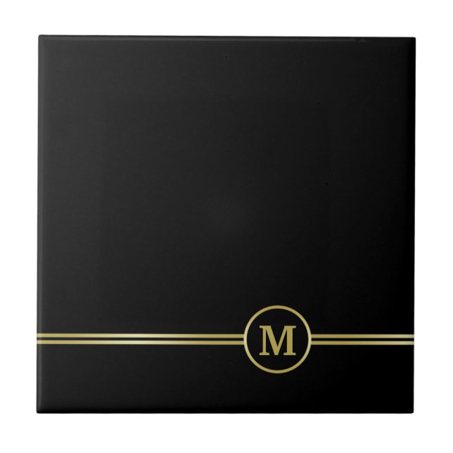 Carreau Élégant or Monogramme personnalisé sur noir (Devant)