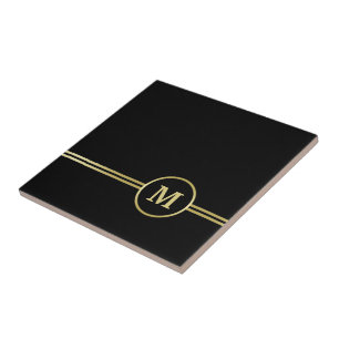 Carreau Élégant or Monogramme personnalisé sur noir