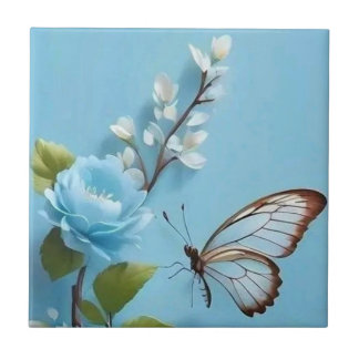 Carreau Elégant papillon sur les fleurs bleues"