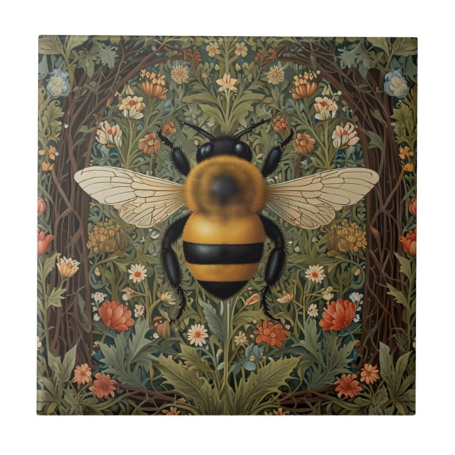 Carreau Elégant rétro bumblebee boho botanique floral art (Devant)