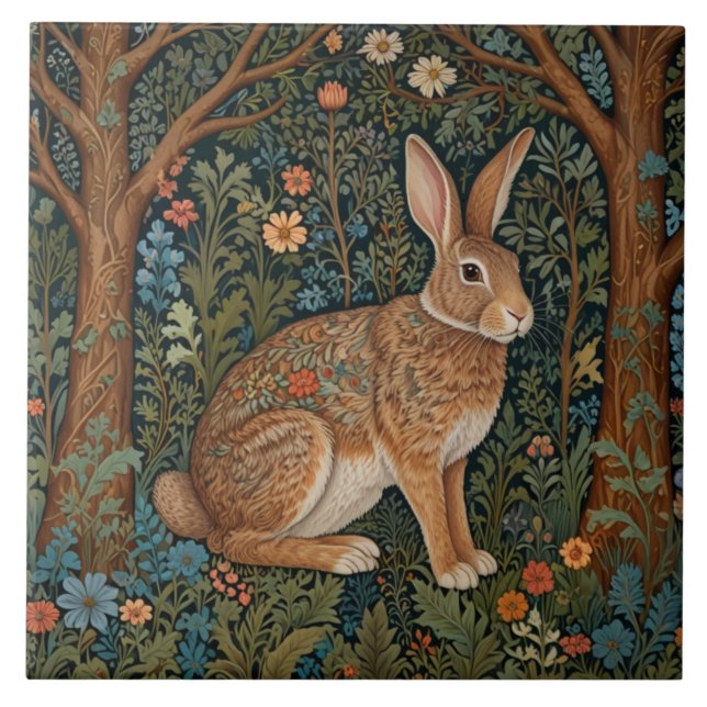 Carreau Élégant retro lapin boisé boisé fleuri (Devant)