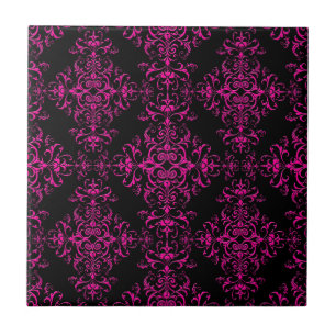 Carreau Élégant rose chaud et noir de style victorien dama