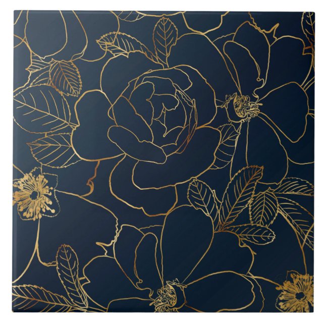 Carreau Élégant Rose d'or bleu floral (Devant)