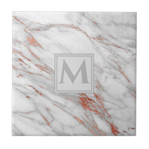 Carreau Élégant Rose Marbre blanc en cuivre or Monogramme