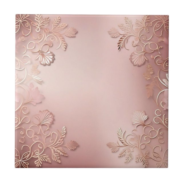 Carreau Élégant Rose Or Et Rose Floral (Devant)