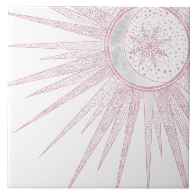 Carreau Elégant rose Sun Moon Doodle Mandala White Design (Devant)