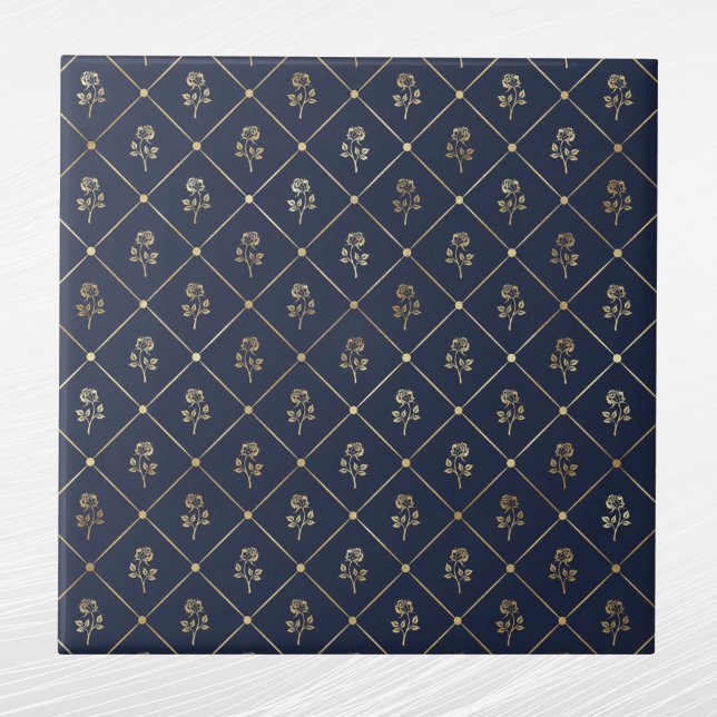 Carreau Élégant Roses de la Marine Blue Gold (Créateur téléchargé)