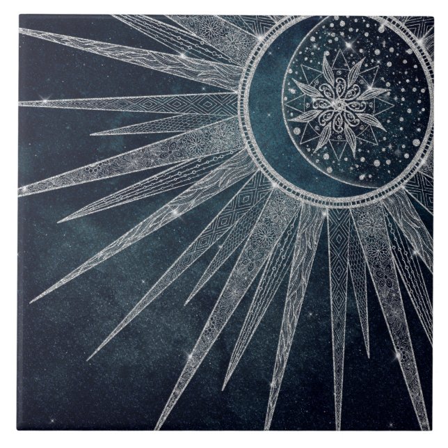 Carreau Elégant Silver Sun Moon Doodle Mandala Blue Design (Devant)