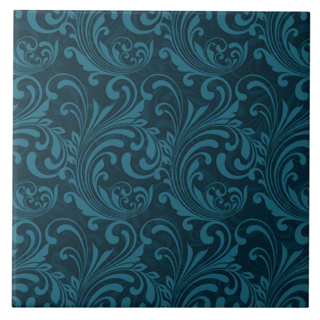 Carreau Elegant Teal Blue Baroque Floral Pattern  (Devant)