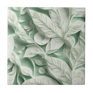 Carreau Élégant vintage blanc vert motif de feuille botani