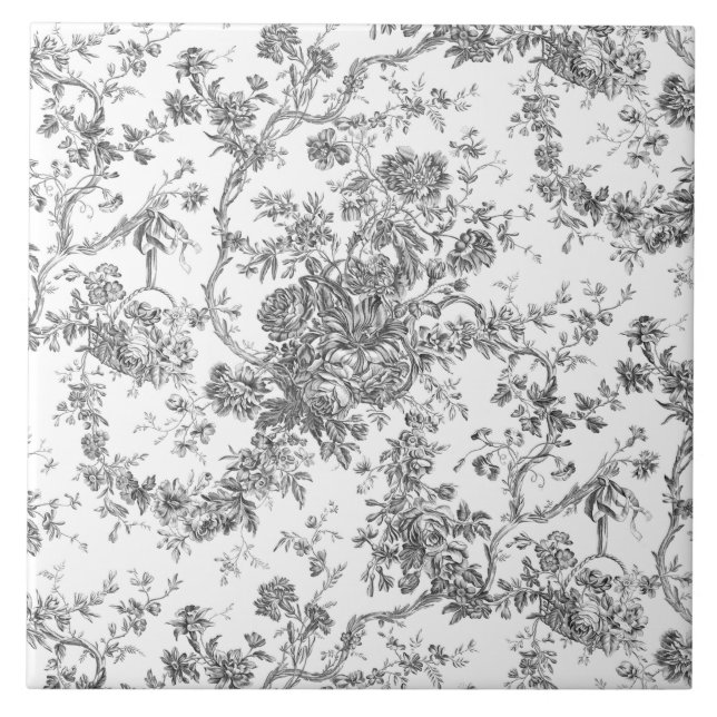 Carreau Élégant Vintage Français gravé Floral Gris-Toile (Devant)