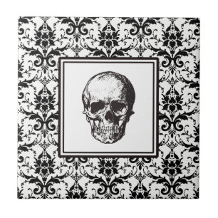 Carreau Elégant Vintage noir gothique Damas crâne