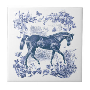 Carreau Elégant Vintage Rustic Blue Horse Floral Toile