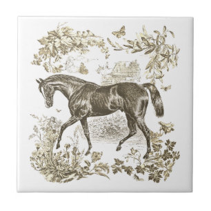 Carreau Elégant Vintage Rustique Cheval Beige Toile Floral
