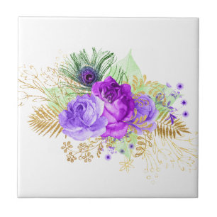 Carreau Élégant violet Rose Fleur or Feuilles Floral