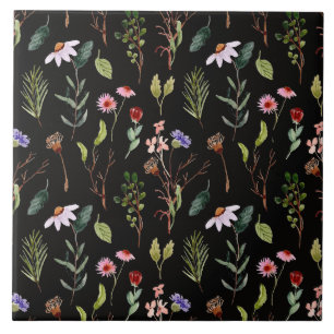 Carreau Élégante aquarelle de fleurs sauvages noires blanc