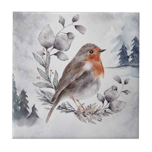 Carreau Elégante aquarelle Winter American Robin (Devant)