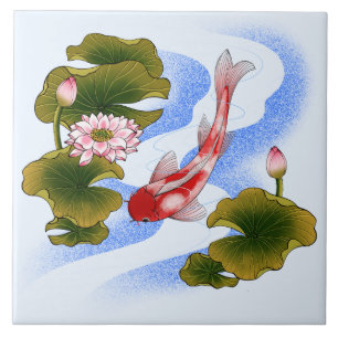Carreau Élégante carpe de koi dans un étang de lotus
