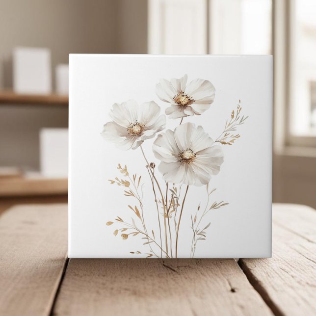 Carreau Elégante fleurs de cosmos blanc faux or herbe (Créateur téléchargé)