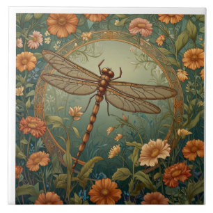 Carreau Élégante libellule verte de printemps Art Nouveau