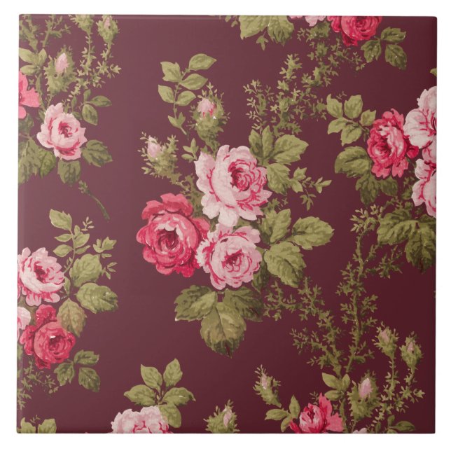 Carreau Elégante rose Vintage Roses sur Maroon Arrière - p (Devant)