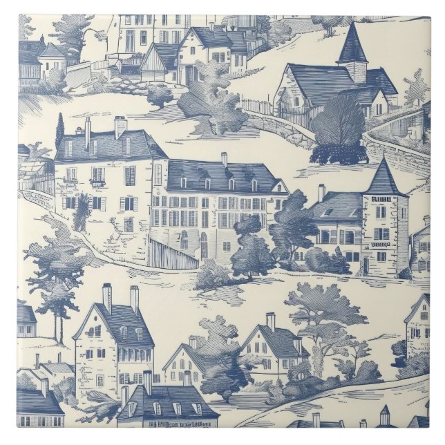 Carreau Elégante scène du village de Toile Bleue de Jouy (Devant)