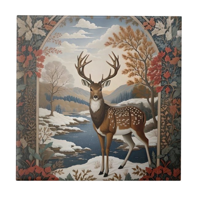 Carreau Élégante scène hivernale de cerfs (Devant)