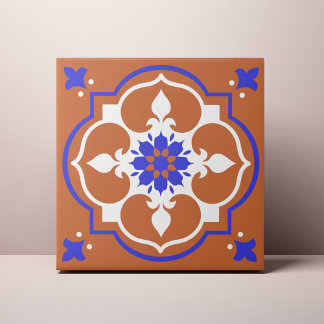Carreau Elégante Terracotta et Fleur bleue Azulejo
