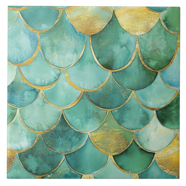 Carreau Élégantes échelles de sirène en Turquoise et or (Devant)