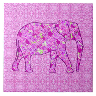 Carreau Eléphant à fleurs - orchidée et magenta