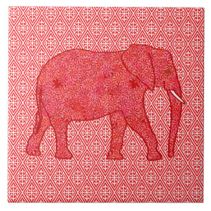 Carreau Eléphant de fleurs - rouge profond et corail