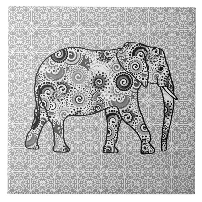 Carreau Éléphant de remous de fractale - gris, noir et (Devant)