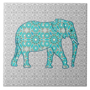 Carreau Eléphant fleur Mandala - turquoise, gris & blanc