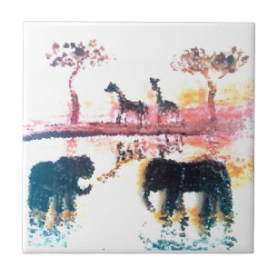 Carreau Elephant, Giraffe Safari Sunset Art