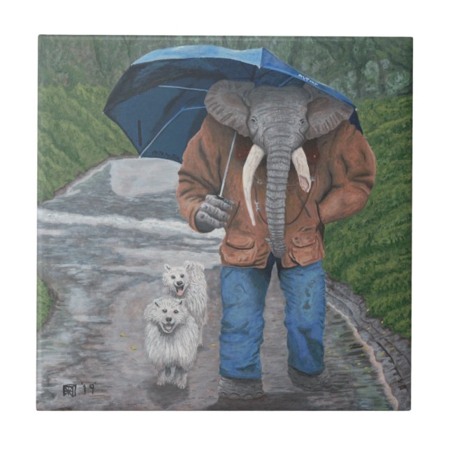 Carreau Elephant Man Walking Dogs Imaginaire Art Ceramic T (Devant)