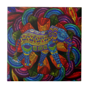 Carreau Éléphant Orné Coloré et Mandala