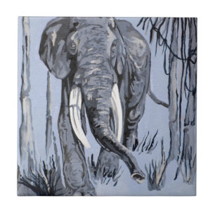 Carreau Eléphant Se Promenant Dans La Savane Boisée En Ble
