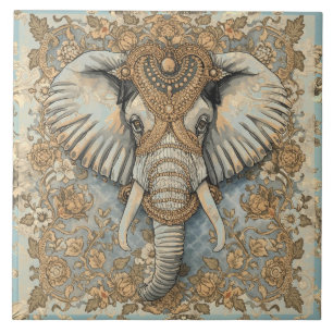 Carreau Éléphant Vintage, Éléphant Antique, Bleu Doux Or
