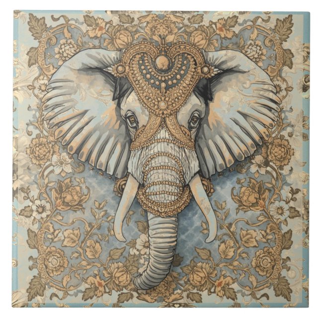 Carreau Éléphant Vintage, Éléphant Antique, Bleu Doux Or (Devant)