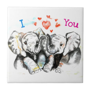 Carreau Elephants Accrochés Je t'aime Aquarelle Carrelage 