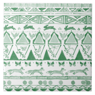 Carreau Emerald Green White Ikat Woodland Animal Motif