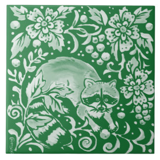 Carreau Emerald Green Woodland Raccoon floral complexe 