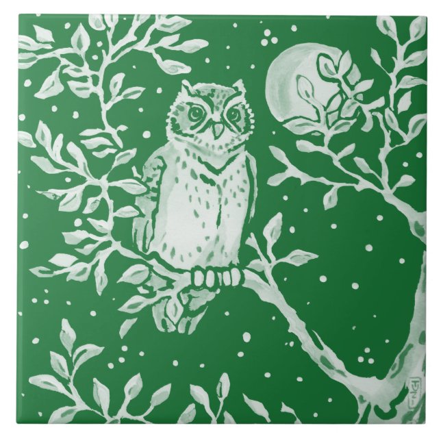 Carreau Émeraude Vert Bois Chouette Arbre Lune Scène de nu (Devant)