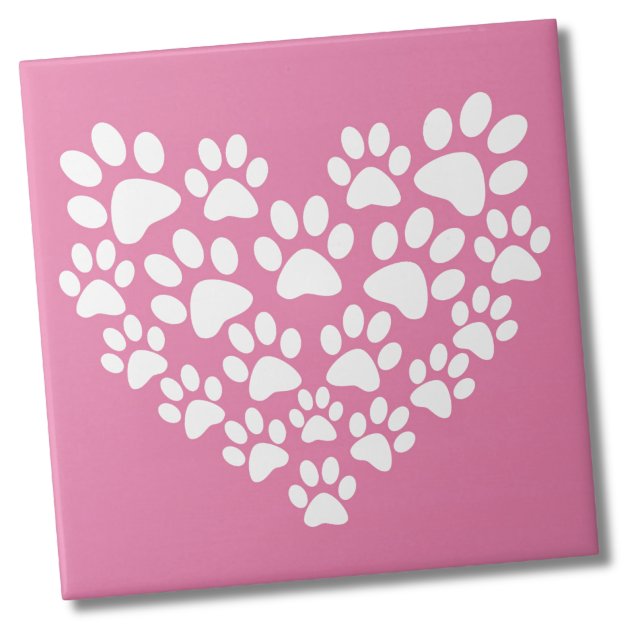 Carreau Empreinte de patte rose de coeur mignon (Cute White Pink Paw Print Heart Ceramic Tile)