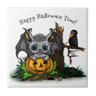 Carreau En attente d'Halloween, Bat mignonne et Corbeau